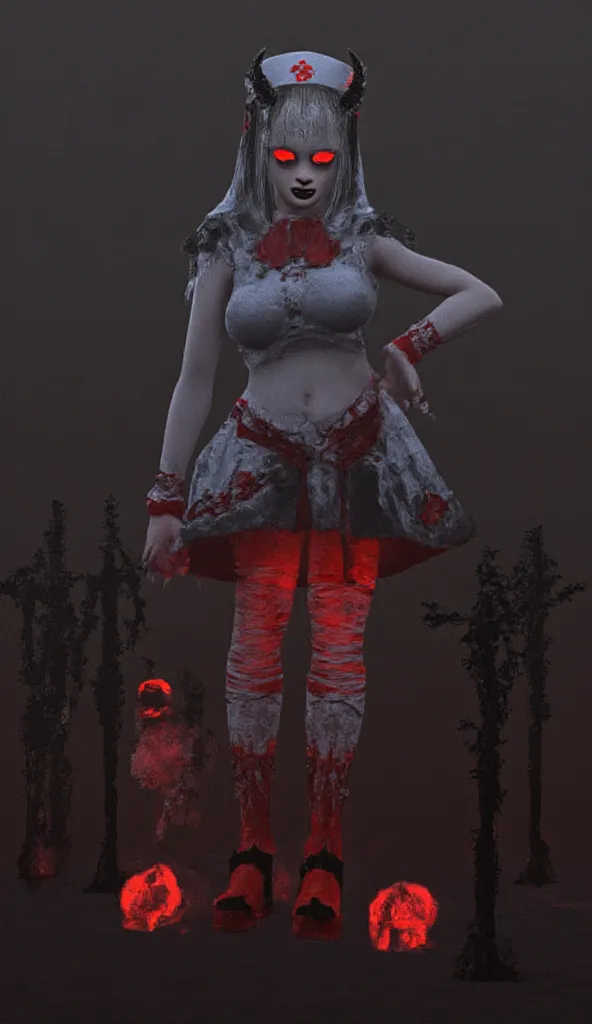 Create a dark, doll-like demonic nurse with pale, cracked porcelain skin and glowing red eyes. Her playful smirk reveals sharp fangs, and her silvery-white hair flows around twisted black horns beneath a tattered nurse cap. She wears a distressed white-and...