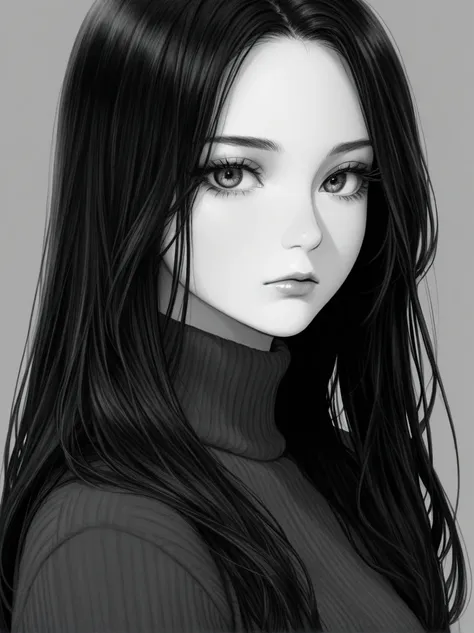 1girl, solo, long_hair, looking_at_viewer, monochrome, simple_background, grey_background, turtleneck, greyscale, upper_body, closed_mouth, sweater, eyelashes, lips, makeup, turtleneck_sweater, black_hair