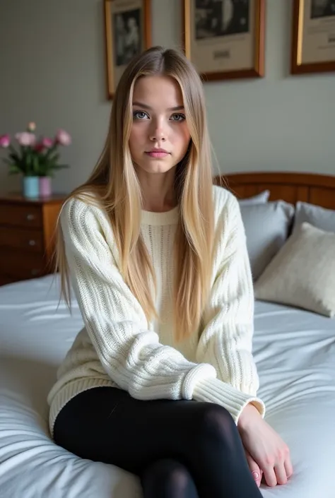 Create an image of a young woman with long, light-colored hair sitting on a bed in a room. She is wearing a white knitted sweater and black tights. Her hair is straight and neatly styled, falling over her shoulders and back. The background should include i...