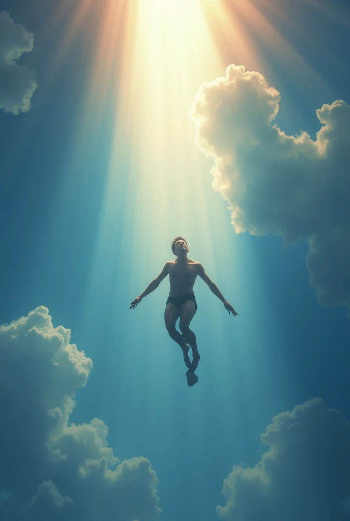 a person falling from the sky with the sun shining 