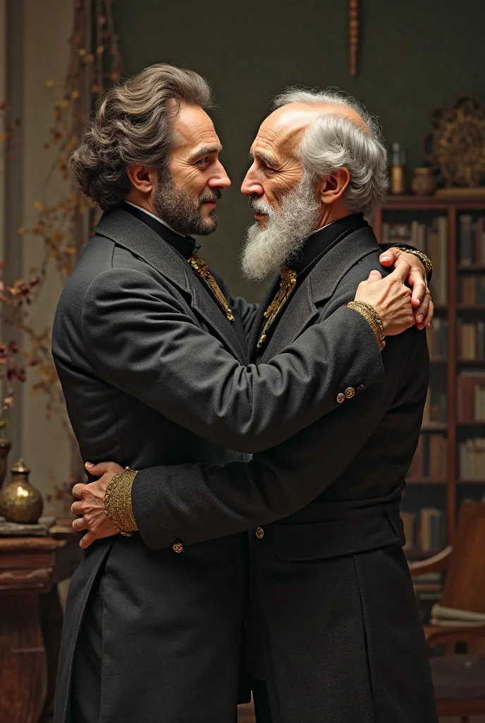 realistic photo of Gogol and Pushkin hugging 