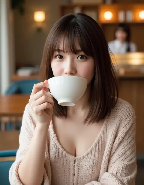 A young and beautiful Japanese woman is drinking coffee in a coffee shop in Tokyo. She is wearing a knitted dress and smiling sweetly while drinking coffee. Ultra high resolution, super high quality photo.