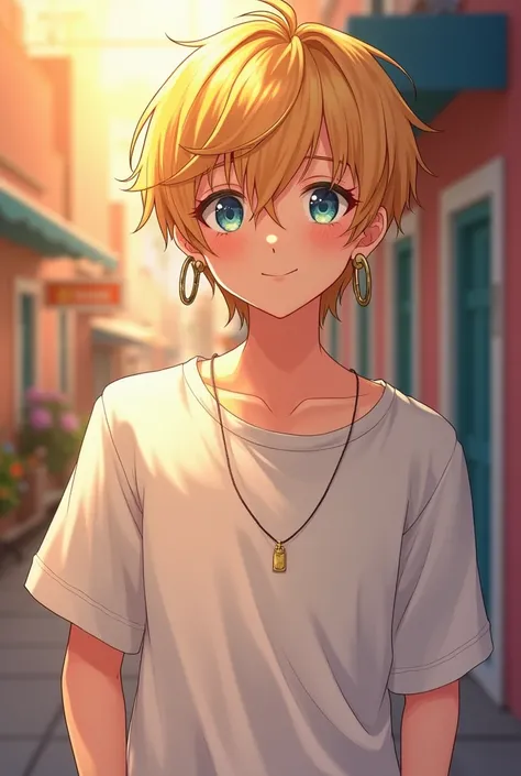 Sweet young man , Golden-haired,with Ear Piercing with Sleeveless Earrings,Oversized T-Shirt Set,color set,,Bright blue eyes