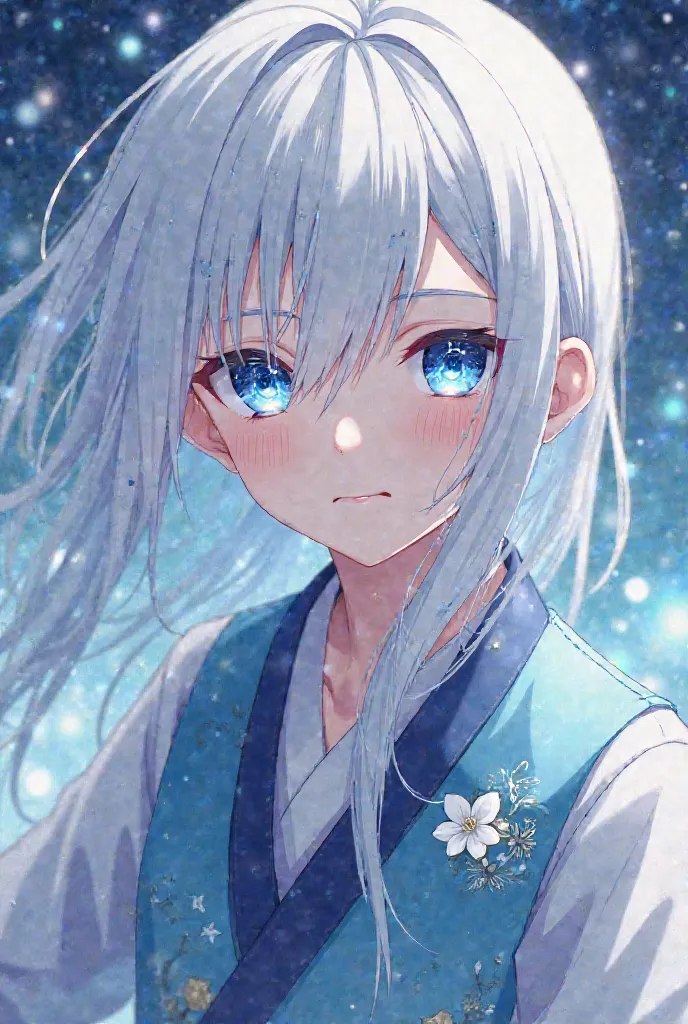 A boy anime character, white hair, long hair,  straight hair, Starry blue eyes, beautiful, design,  Japanese anime .