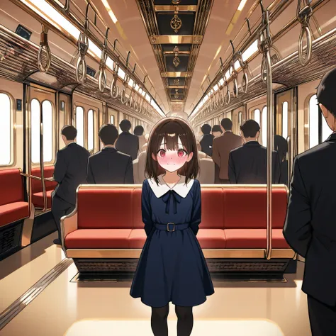 masterpiece,best quality, 1girl ,5man ,standing,miniskirt,blush,in a train、Multiple men around one woman、