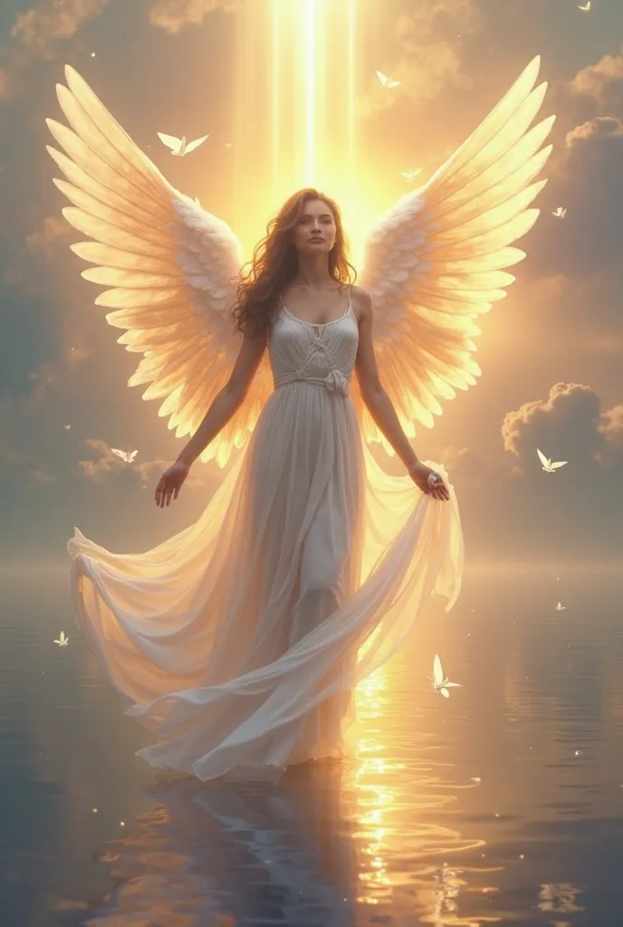 Create a tranquil and deeply healing depiction of the Angel of Forgiveness, radiating compassion, peace, and the transformative power of release. This angel is ethereal and serene, surrounded by a gentle aura of soft golden light, symbolizing the purity an...