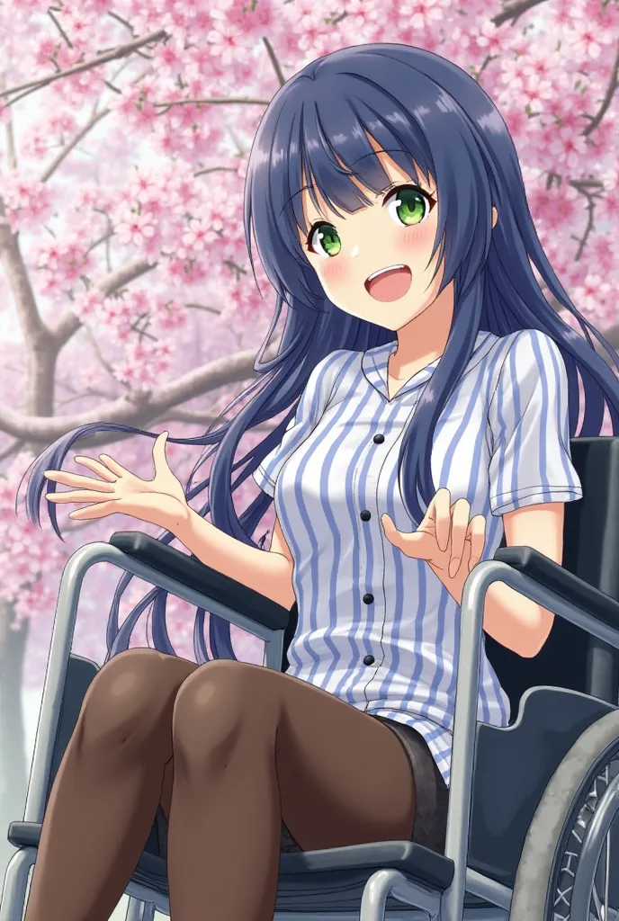    laughing while sitting , Izumi Konata wheelchairで桜見物シーン　らき☆すた　   Lantern　  long hair 　  stupid hair  has green eyes  　 the color of the hair is dark blue 　  small tits  the color of the hair is dark blue  　らき☆すた　 long hair　 stupid hair 　corner　 the colo...