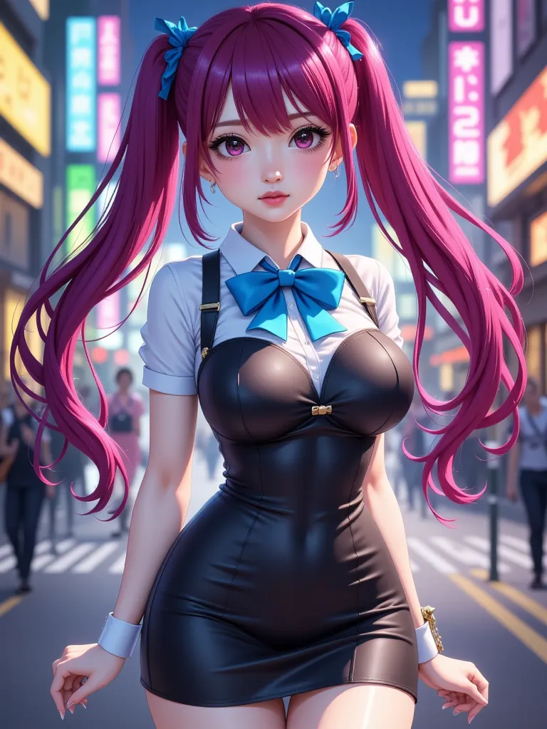 複数色のとてもcolorful hair leaving shoulders，twin tails，1 girl, Hi-Res, high definition model,very big breasts， metropolis，neon，colorful hair leaving shoulders，uniform-like dress，large striped ribbon，1 person Pretty Cure，high definition model, small animal plush...