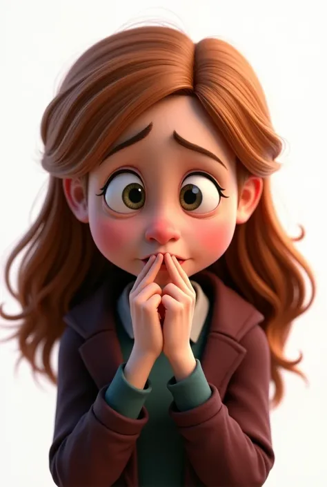 Image 3D style Pixar Hermione Granger effrayé  doigts dans la bouche fond blanc 