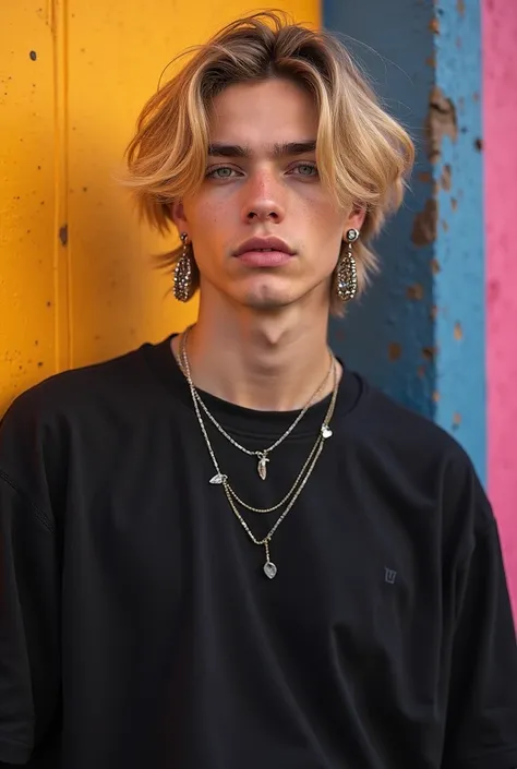 , young man, Golden-haired,with Ear Piercing with Sleeveless Earrings,Black Oversized T-Shirt Set,color set,,Bright blue eyes