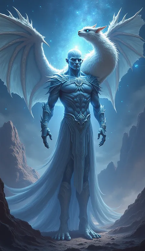 eternity , A powerful cosmic entity. The embodiment of all time, reality and the universe itself, Highly detailed.On his shoulder he has a very fluffy white dragon with big blue eyes and dragon wings.