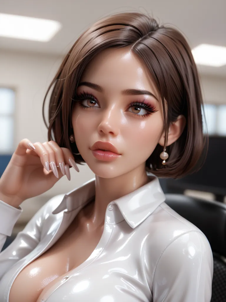   1 girl, Visit, is she in an amusement park,pointed hairlines ,  brown hair,   in extremely tight , shiny latex office suit,   pleated skirt, excited, head leaning backwards,  very strong shiny skin,  very strong makeup,Große Breasts, Crew cut,  long fing...