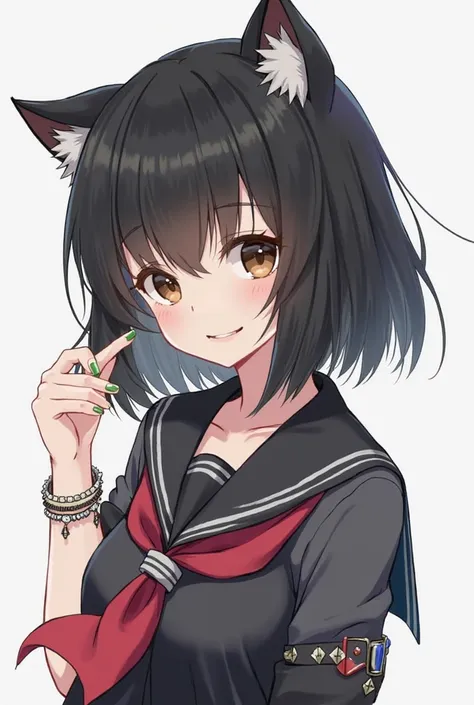 Get your hair light and wolfcut, Get a school uniform, on the sleeve. Height Around 150cm.  hair black, hazel eyes, lips a little wide. Draw a person. She also has a gothic bracelet on her arm. By the way, her hair comes up to her shoulder