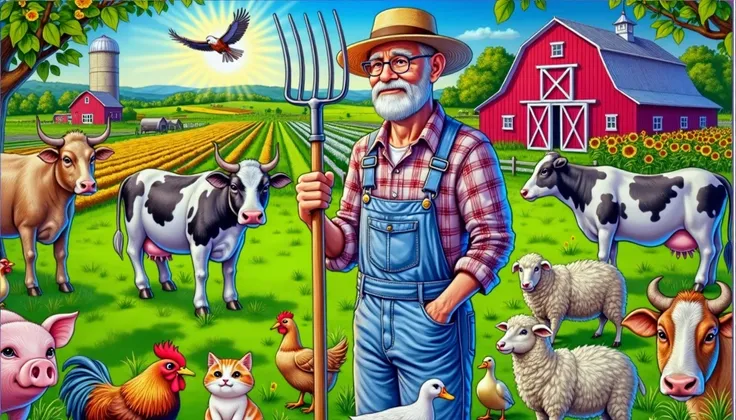 "A detailed, heartwarming illustration of a picturesque countryside farm during a bright, sunny day. The centerpiece is an elderly farmer with a kind smile, wearing a straw hat, glasses, plaid shirt, and denim overalls, holding a pitchfork in one hand and ...