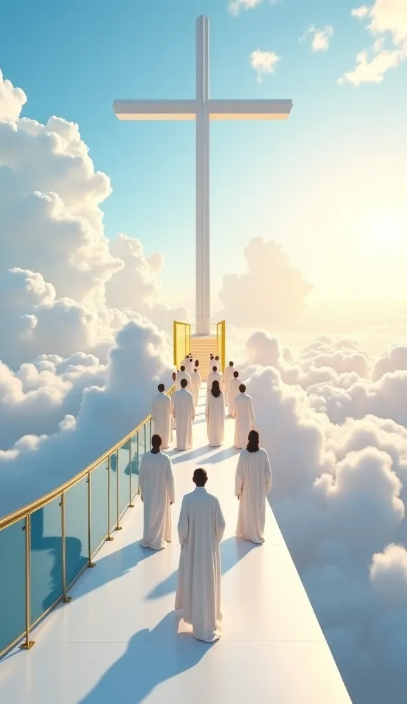 Prompt:
“A hyper-realistic, high-quality digital painting of a group of people dressed in long, flowing white robes walking along a sleek, curved pathway in the sky, leading to a grand, golden-lit entrance. The path is elevated above soft, billowing clouds...