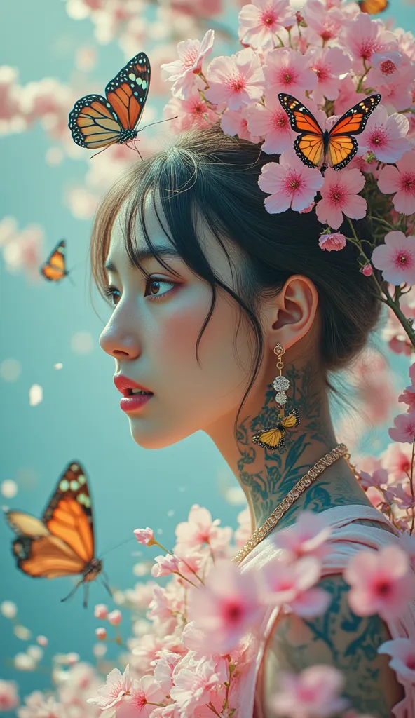 masterpice, (best quality), ((best detailed)), depth of field, a beautiful girl, beautiful face, nature, spirit, blossom, colorful landscape, flowers, butterflys, glowing dress, elements, Futuristic cities、TOKYOcty、empty mechanical car、natta、Numerous cybor...