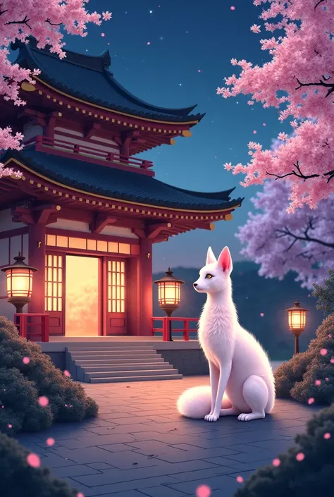 Kitsune at a night temple with cherry blossoms and Japanese lanterns 