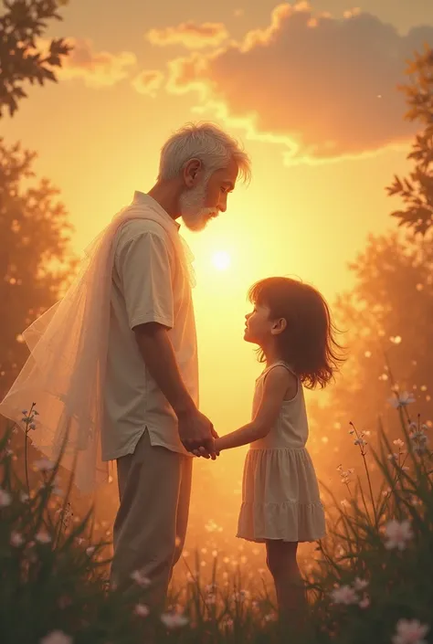 A boy and a girl who hold hands at dusk while their dead grandfather looks at them from above 