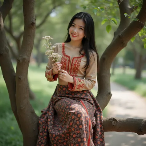 "Create an image of a 25-year-old Burmese young ladyr, fair skin, a round face, beautiful eyes and eyebrows, and slightly wavy hair. sitting on a branch of a tree and  picking the flowers outdoors in a park-like setting. The lady is wearing a traditional o...