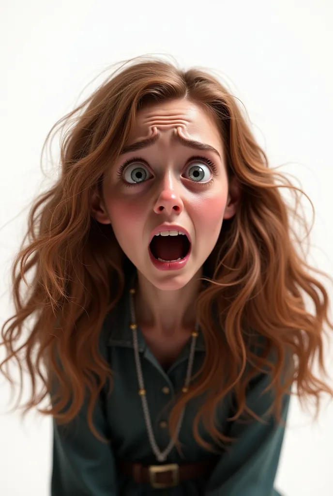 Pixar style 3D image Hermione Granger very scared white background 