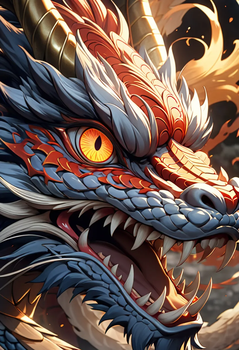 Traditional Japanese dragon eyes created by burnt half-paper, The dragon's face is adorned with long flowing whiskers, Dragon's face created by burnt, The only open eye shines and intimidates those who see, extreme double eye closeup, The setting includes ...