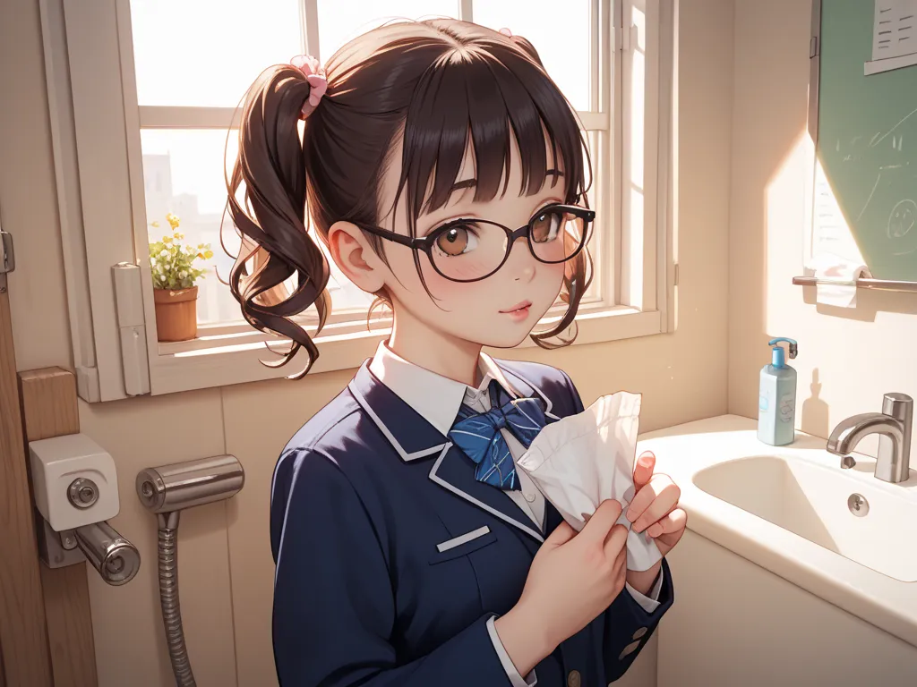 Girl&#39;s, Glasses,  black hair, straight  , brown eyes, blush, Baby Face ,
Elementary school students use the toilet, holding a sanitary napkin in my hand
