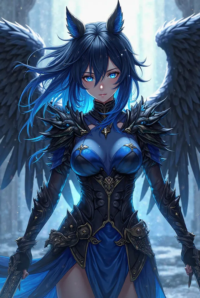 (maximum quality, best quality,  official art , beautiful and aesthetic :1.2)  anime girl , Crow wings on the back, blue eyes, long spiked hair in flaming blue and black, blue blouse, black and blue armor holding two daggers.
