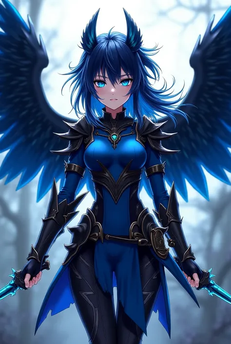 (maximum quality, best quality,  official art , beautiful and aesthetic :1.2)  anime girl , Crow wings on the back, blue eyes, long spiked hair in flaming blue and black, blue blouse, black and blue armor holding two daggers.
