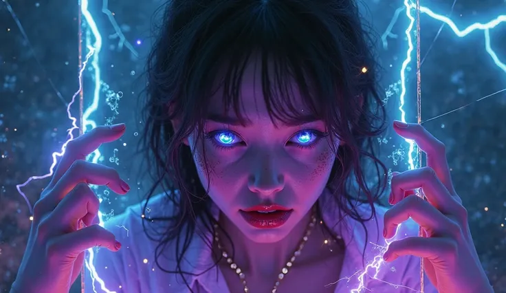 Dark cinematic alternative pop thumbnail, intense close-up of a young woman trapped inside shattered glass, her hands pressed against the cracks. Glowing neon chains wrap around her arms, dissolving into glowing smoke. Her eyes glow bright violet with tear...