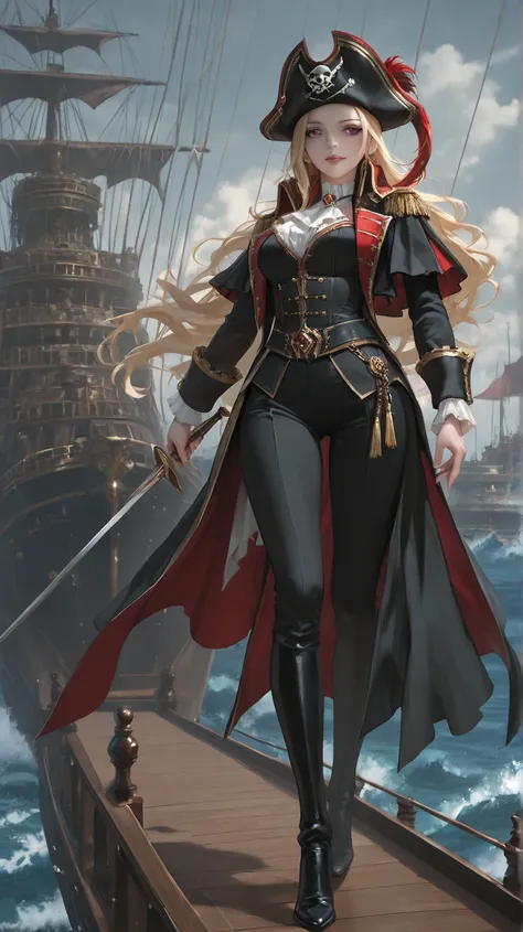  a beautiful sexy blonde evil pirate wearing makeup, in black pirate clothes, She is wearing a tricorn, On the deck of a ship, the pirate smiles in a Machiavellian way 