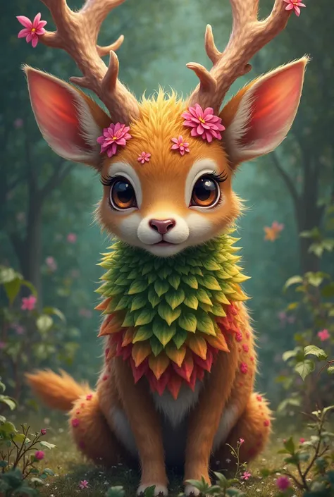  dark fantasy digital painting illustration subrealistic . A cute adult hybrid similar to a deer, with the fur on his body brown with pink spots, with an abundant coat that covers its green neck,  yellow , oranges and reds, A tail of green leaves, with bro...