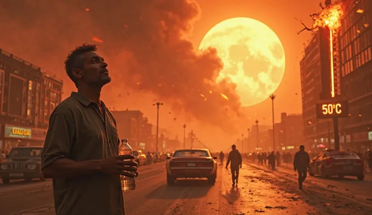 An impactful image of a modern city collapsing due to extreme heat. The sky is reddish and full of smoke, with the huge, bright sun, radiating an intense and oppressive light. In the foreground, A middle-aged man, Dark Skin, Short sweaty hair , looks up wi...