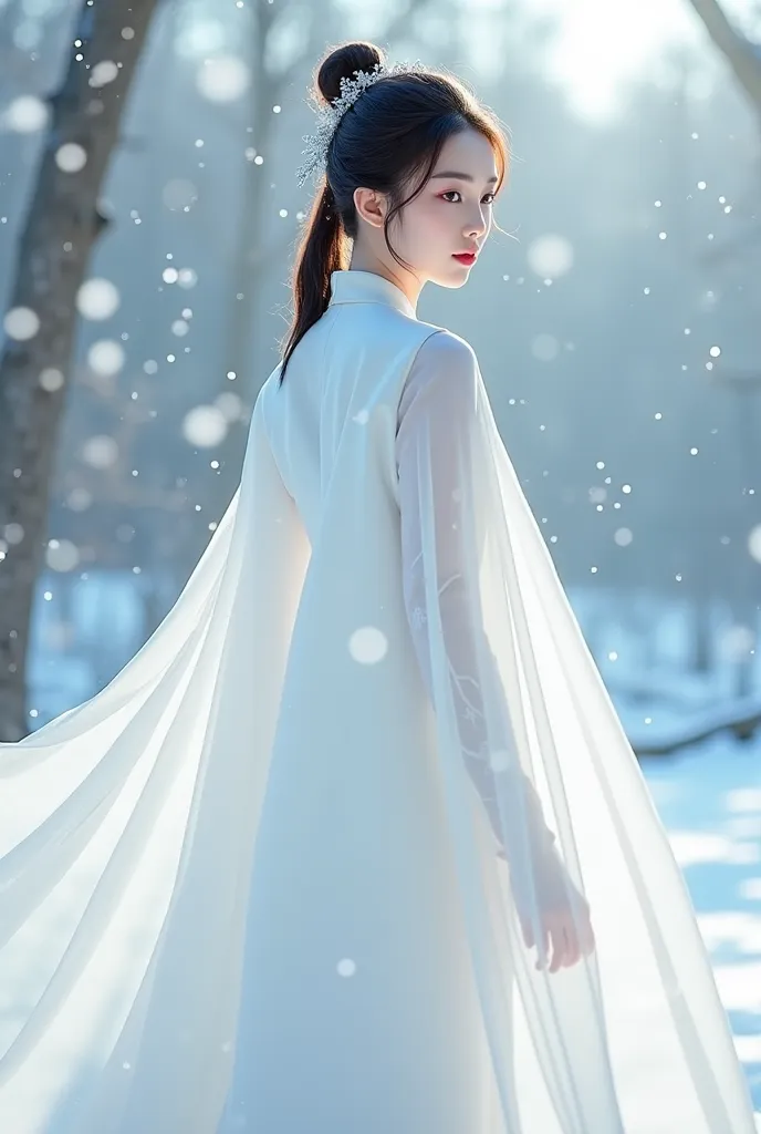 Beautiful Girl，18 years old， Chinese style， and xiǎo ， tall，cheongsam，Standing on a sleigh，white cape，Snow