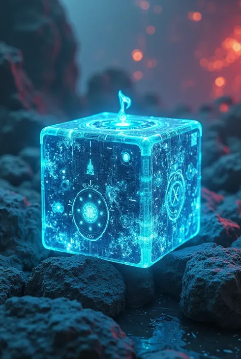 red scifi, glowing, neotech, weighted_companion_cube, cyan glowing music symbol, blurry_background,  , hyper detailed