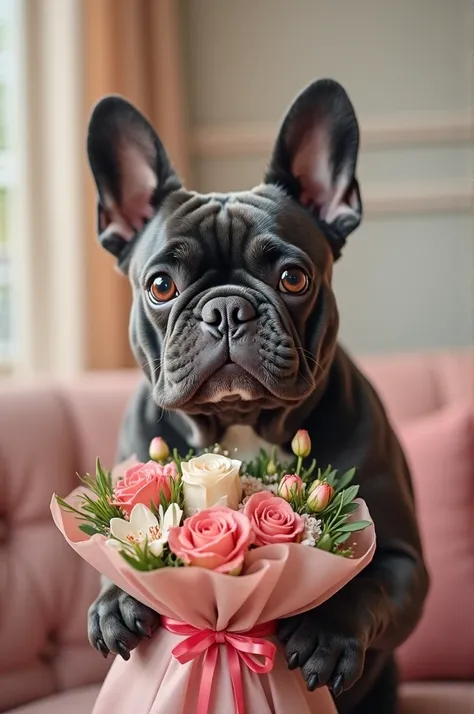 Generate several images of a dark gray French Bulldog wishing women a happy day for March 8, Keep in mind that this one has flowers and chocolates.