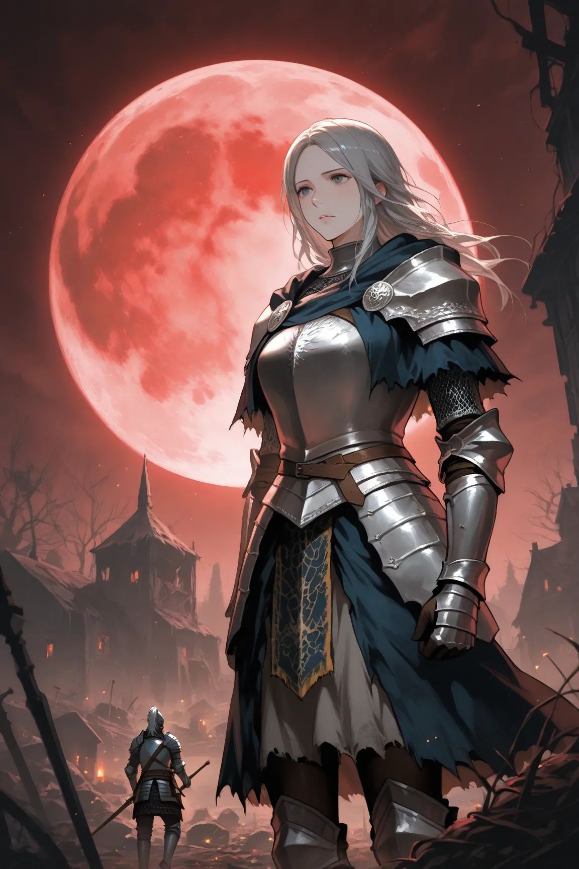  manga ,Gray Hair, beauty,Dark Souls, female knight,Red Moon,Abandoned Village