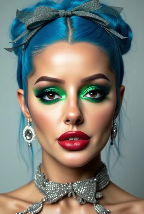 incredibly long and voluminous eyelash extensions, bright green makeup ,  blue hair ,  diamond earrings  , collar, red lips,  bow-shaped hair , 