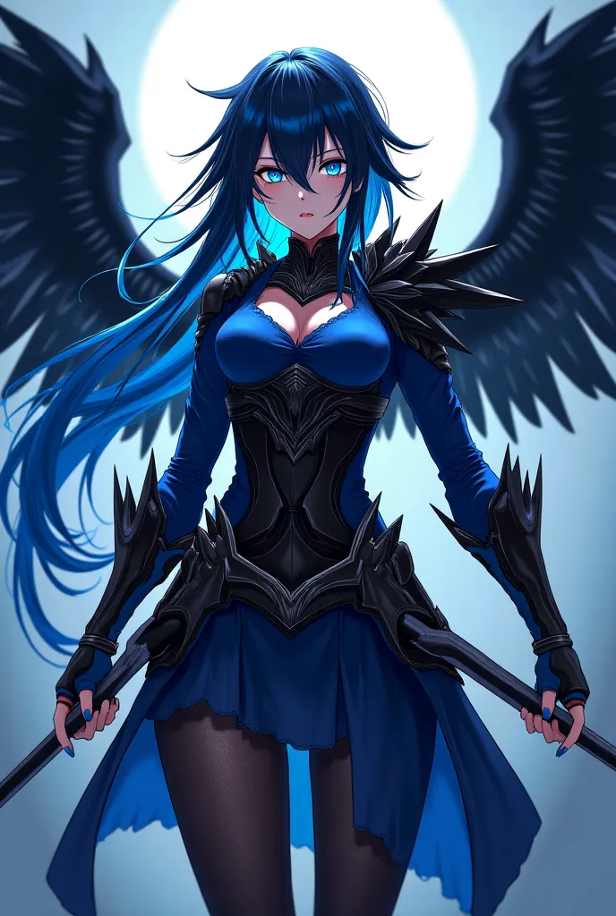 (maximum quality, best quality,  official art , beautiful and aesthetic :1.2)  anime girl , Crow wings on the back, blue eyes, long spiked hair in flaming blue and black, blue blouse, black and blue armor holding two daggers.
