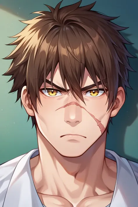 1 boy, school uniform, muscular, bare chest, muscular arms, wide shoulders, serious, frowning, looking at viewer, brown hair, yellow eyes, scarre across nose, scar on cheek, doudanuki masakuni