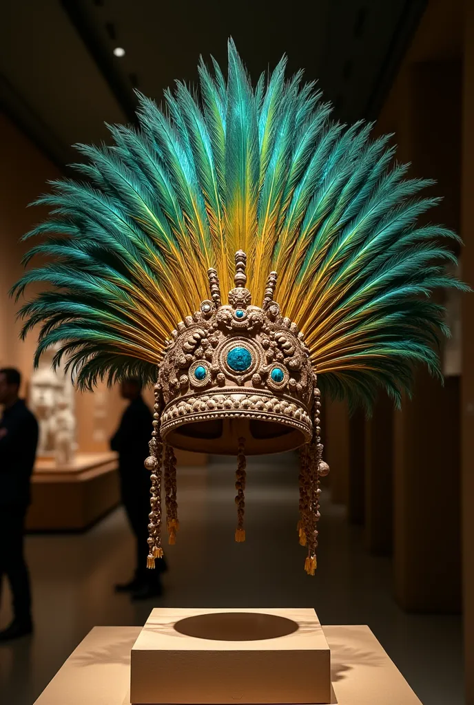 Crown of Montezuma. A magnificent crown of quetzal feathers floats above a pedestal in the museum , Her shimmer seems to dance in an invisible wind.