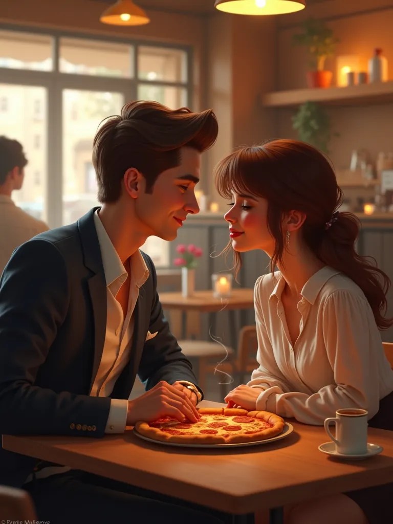 A beautiful couple, a brunette man and a brown-haired girl, are sitting in a cafe eating pizza  