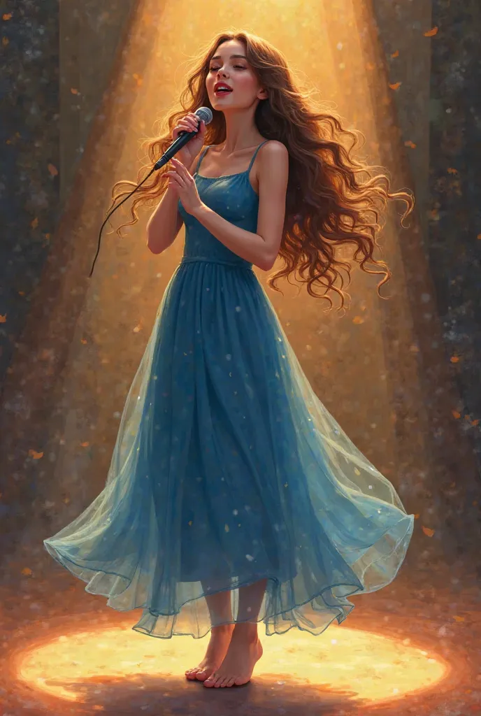 Illustration of one brown long-haired girl dressed in blue midi dress singing on stage.