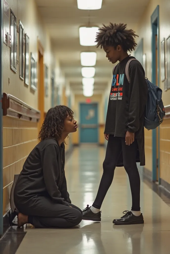   An adult white female teacher is on all fours in the school hallway.Two black schoolgirls dressed with the BLM  .  are standing next to each other .  One girl put her foot on the back of an elderly teacher  .real photo. high quality . uncensored 