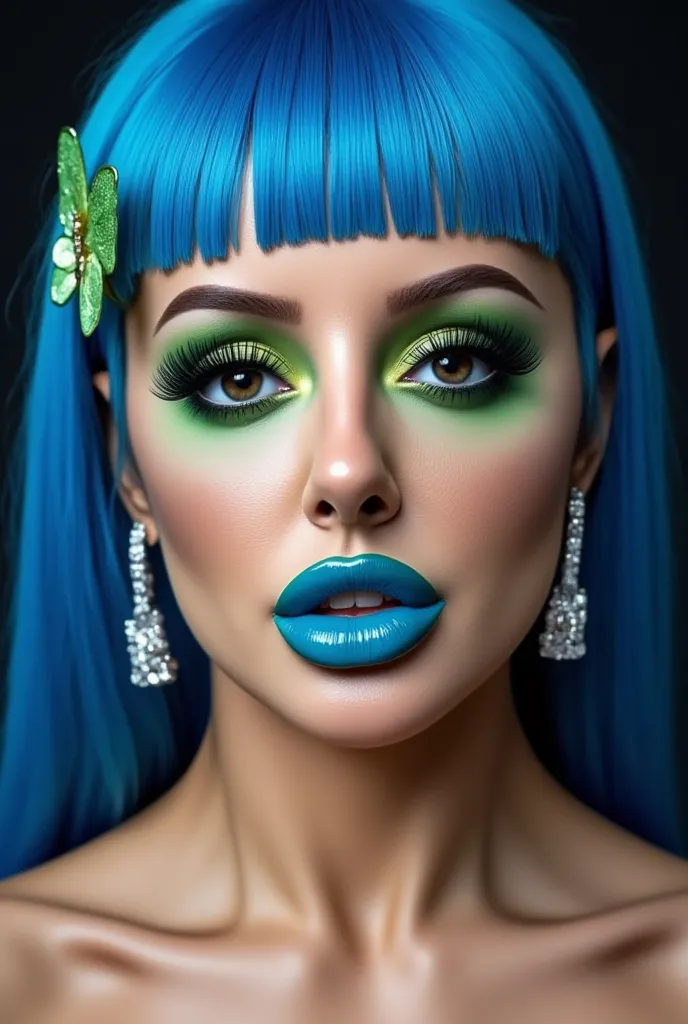 incredibly long and voluminous eyelash extensions, bright green makeup ,  blue hair ,  diamond earrings  , collar, blue lips, straight hair, green butterfly clip on the side of the hair