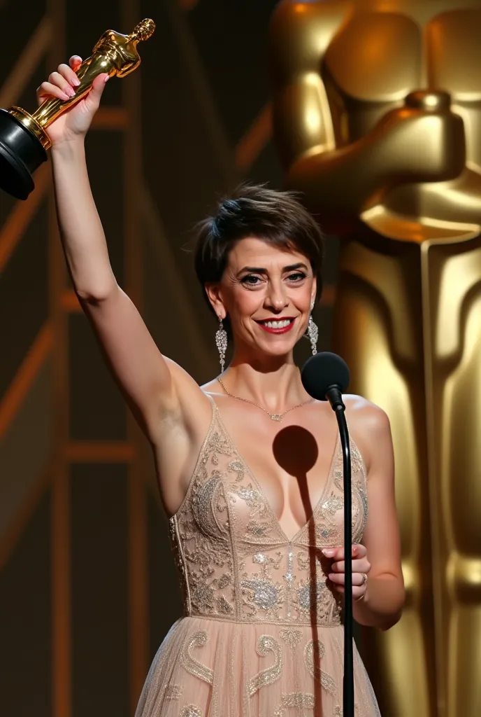  An elegant woman,  light-skinned fringe, is on the Oscar stage holding an award in her right hand, lifting it proudly. She wears a stunning beige lace haute couture dress, fair on the body. Your hair,short, com um corte short. It has a slight volume at th...