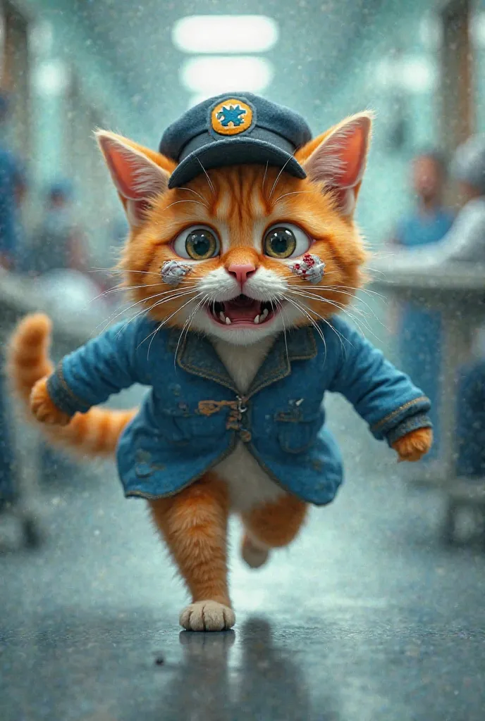 orange cat wear blue coat injured and a hat like pilot dress and injured and running in the hospital way of emergency door with trouble expression and crying 