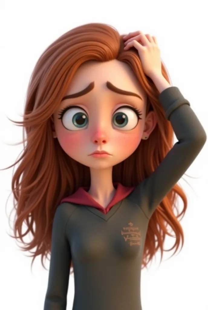 Pixar style 3D image: Very worried Hermione Granger is scratching her head on white background 