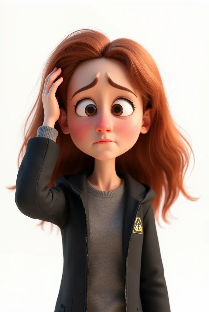 Pixar style 3D image: Very worried Hermione Granger is scratching her head on white background 