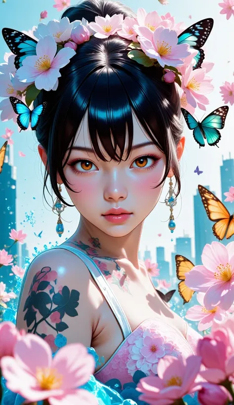 masterpice, (best quality), ((best detailed)), depth of field, a beautiful girl, beautiful face, nature, spirit, blossom, colorful landscape, flowers, butterflys, glowing dress, elements, Futuristic cities、TOKYOcty、empty mechanical car、natta、Numerous cybor...