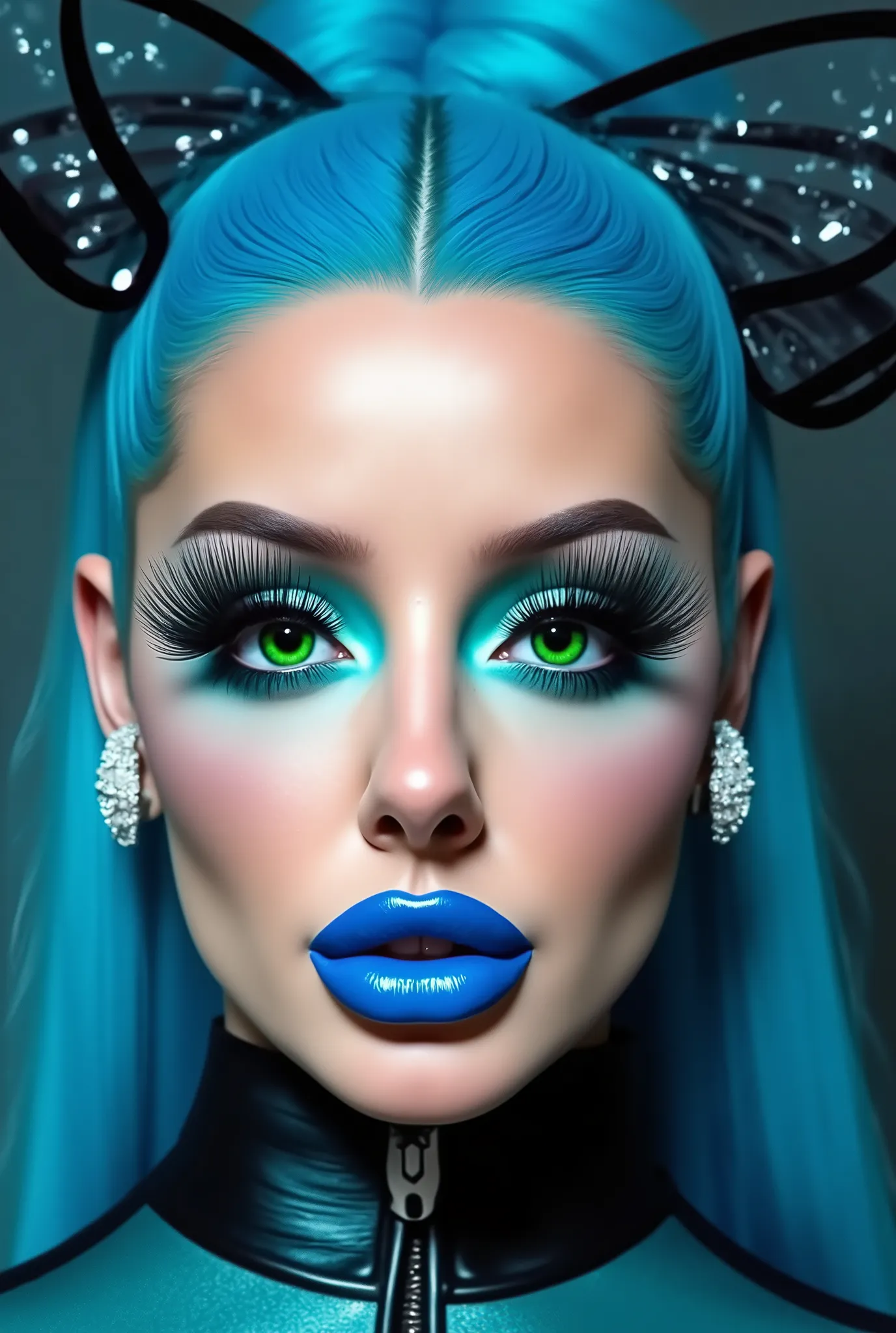 incredibly long and voluminous eyelash extensions, bright green makeup ,  blue hair ,  diamond earrings  , collar, blue lips,  bow-shaped hair , 